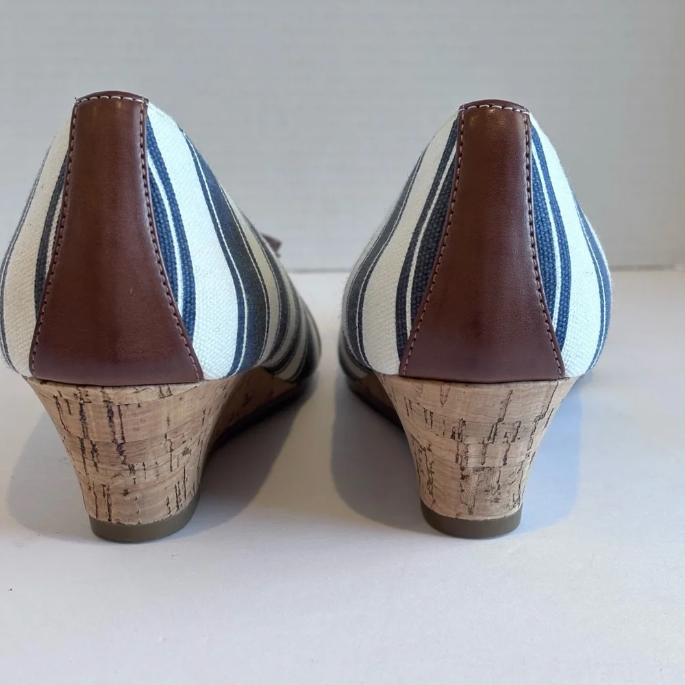 Kelly & Katie Women's Open Toe Low Wedge Cork Heel Blue White Stripe Fabric Shoe